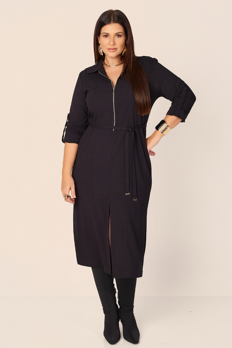 VESTIDO MIDI CHEMISE COM ZIPER E FAIZA ELEGANCE - PRETO